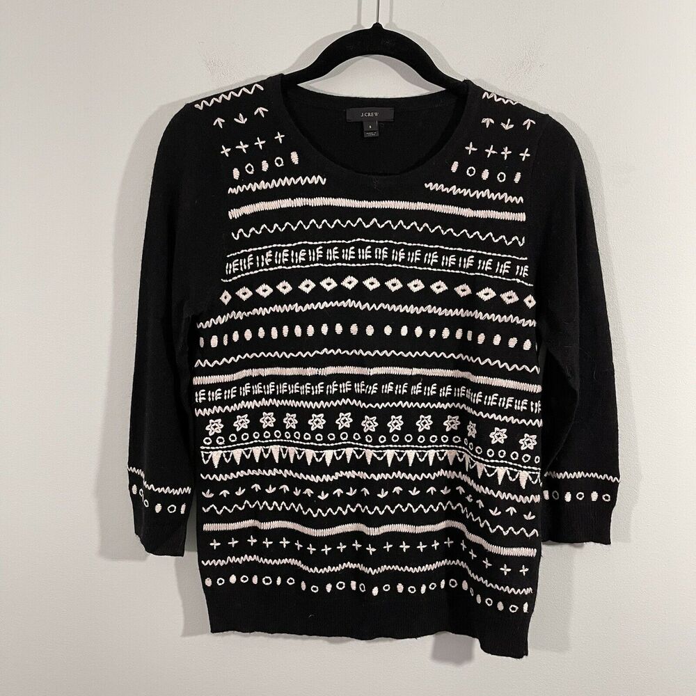 J Crew Women's Black Embroidered Quarter Sleeve Sweater Size S